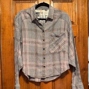 Free People Metallic Gray Plaid Button Up